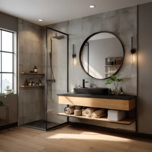 Create an ultra-realistic image of a modern common bathroom feat...
