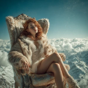 beautiful redhead supermodel sitting in a high end luxury chair...