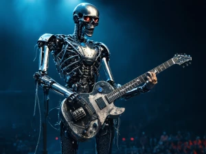 A full-body shot of a T-800 Terminator endoskeleton standing cen...