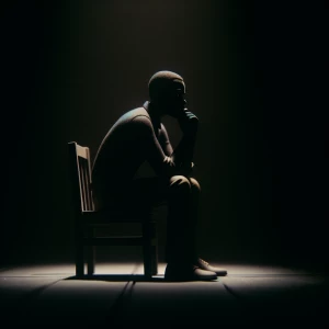 A dark man sit on a dark chair in a dark room and thinking about...