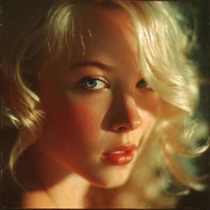 Create a close-up portrait of a person inspired by a blonde actr...