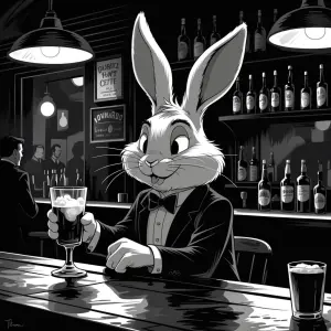 image of a rabbit at a bar in the style of looney tunes but blac...