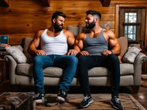 Two muscular men, John and Bobby, both with beards, displaying a...