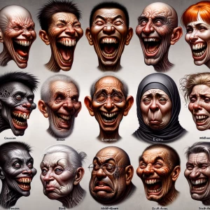 Caricature with grossly hideous faces, laughing, and frowning, s...