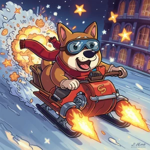 GTA-style cartoon Doge wearing red scarf and aviator goggles, dr...