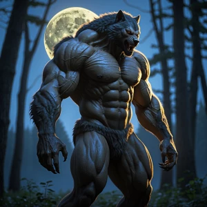 Visualize a moonlit forest clearing with a powerful lycanthrope...