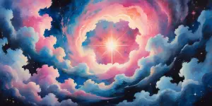 Swirling cosmic clouds of pastel pinks and blues dance elegantly...