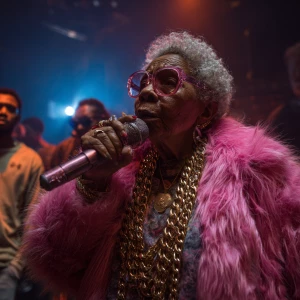 An elderly woman on a rap battle stage, holding a microphone. Sh...