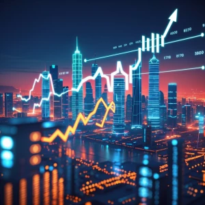 Futuristic Asian city skyline with glowing skyscrapers, digital...