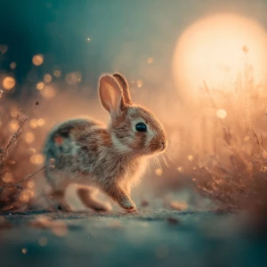 adorable baby rabbit walking through soft glowing grass toward a...