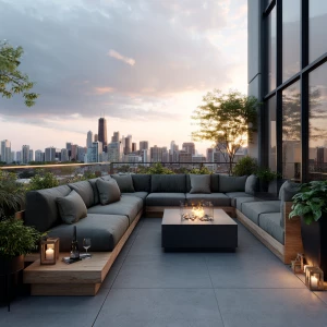Capture the essence of a modern rooftop terrace featuring sectio...