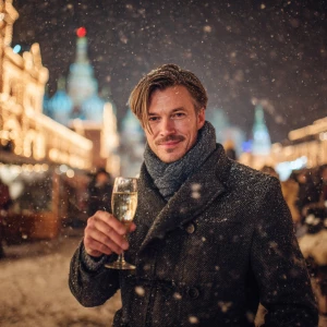 A man standing on Moscow Red square, holding a sparkling glass o...