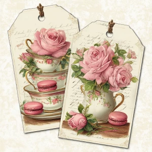 Victorian Mauve Rose Tea Tags – 2 Large Tags (Teacups, Macarons...