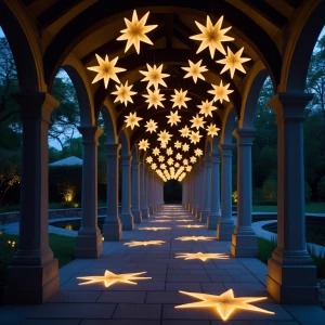 In a tranquil setting, a covered arched walkway connects the man...