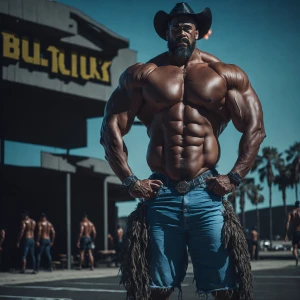 A burly, hairy trucker with a muscular physique confidently flau...