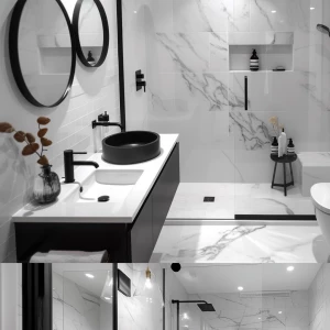 “Modern small black and white bathroom, matte black fixtures, wh...