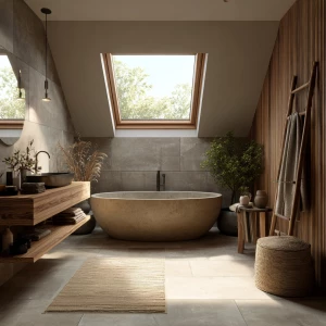 Create a captivating image of a luxurious Scandinavian bathroom...