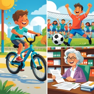 Split scene: 
1) Child trying again on bicycle, smiling, sunny...