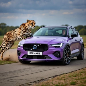 An image of a cheetah chasing a violet Polestar 2 with a differe...
