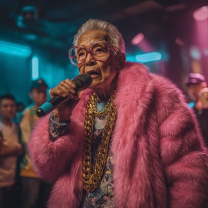 An elderly yong on a rap battle stage, holding a microphone. She...