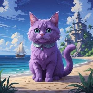 A purple cute cat on an island