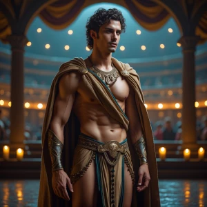 Create an image of an elegant and alluring male courtesan from t...