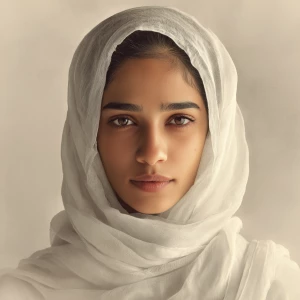 Generate an image of a beautiful young Muslim woman with a peace...