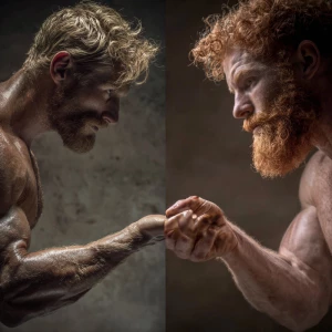 Create a man’s hand reaching out to another man both men are bod...