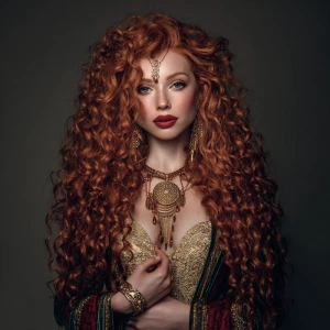 Create an image of a stunning woman with long, vibrant curly red...