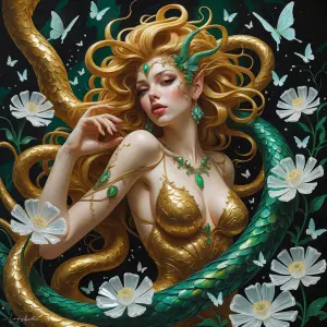 A gorgon of opulent extravagance, her serpentine locks splayed i...