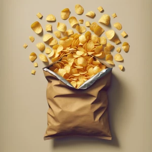 a bag of potato chips is opened and the chips spread out from th...