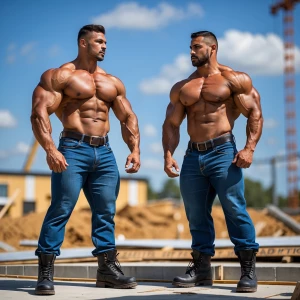 2 shirtless bodybuilders wearing blue jeans and black work boots...