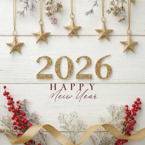 Elegant New Year 2026 greeting design on a soft white wooden tex...