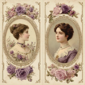 Victorian Mauve Rose Portrait Cameos – 2 Large Cards (Ornate Fra...