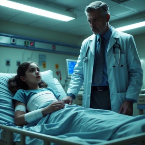 Hospital room, a young girl lying on bed with bandages, doctor s...
