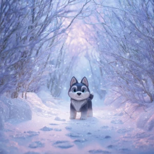 Use the snow-frosted forest path scene as the environment: tunne...