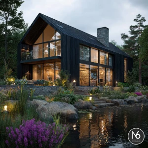 Create an image of a luxurious Scandinavian house exterior featu...