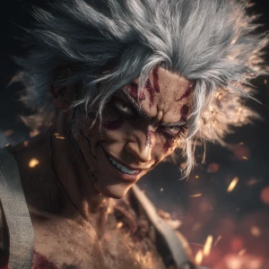 Ultra-realistic anime portrait of Sanemi Shinazugawa, wild spiky...