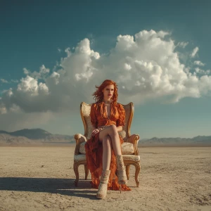 Redhead supermodel sitting on a luxury chair in the middle of a...
