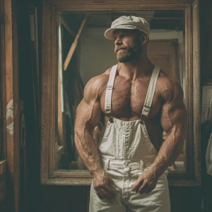 Generate an image of a muscular and hairy handyman without a shi...