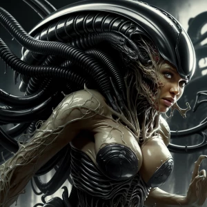 Cardi B, transforming into a Xenomorph hybrid, H.R. Giger biomec...
