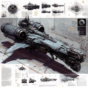 A highly detailed character design sheet of a massive cyberpunk...