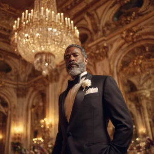 A distinguished man with a dark beard stands confidently in an o...