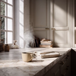 Create an elegant kitchen setting featuring a marble countertop...