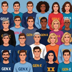 Assortment of Gen-xers wearing the new Gen X sweatshirt