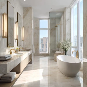 Generate an ultra-realistic image of a luxurious main bathroom l...