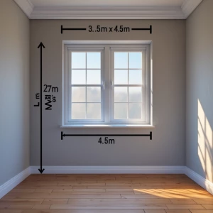 Room size: 3.5m x 4.5m, window centered on 4.5m wall, height 2.7...