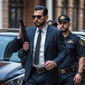 Mafia going to car with is bodyguards