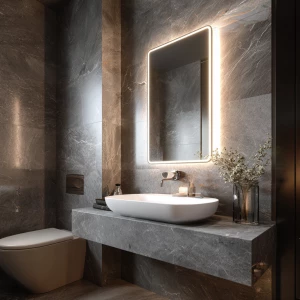 Create an image of a stylish, compact modern bathroom with grey...
