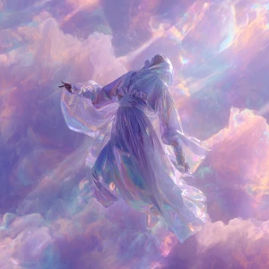 Amid a swirling pastel nebula, a mysterious figure in a flowing,...